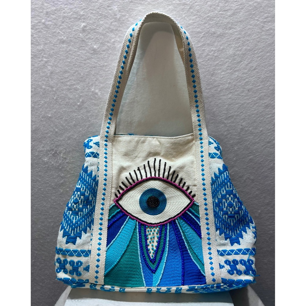Woven Evil Eye Beaded Tote Bag Blue White Geometric Boho Shoulder Bag Lurex
